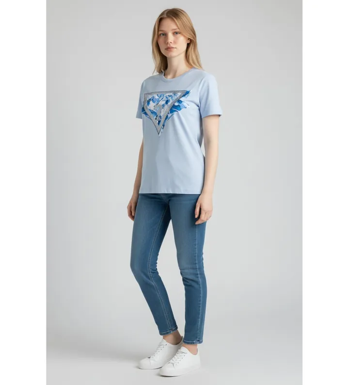 Guess para mujer. W6GI11K3026 Camiseta triangle azul (M), Casual, Algodón, Manga corta