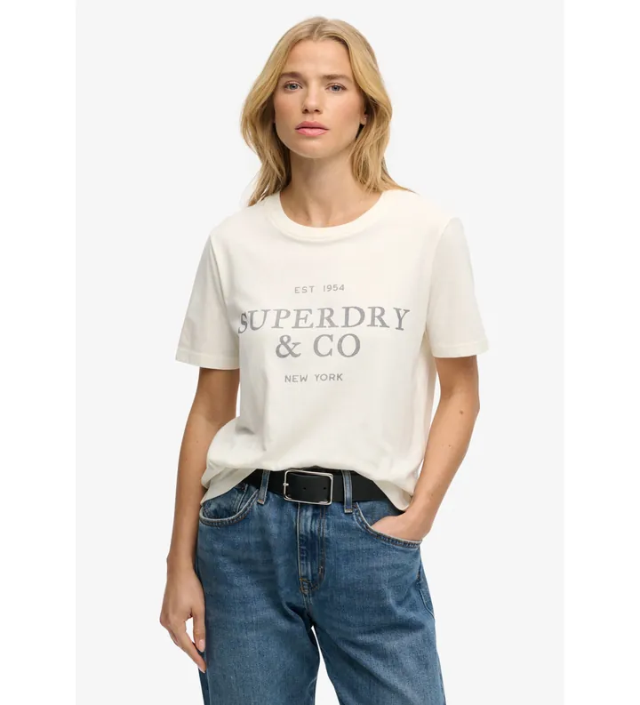 Superdry para mujer. W1011853A Camiseta Luxe blanco crema (L), Casual, Algodón, Manga corta