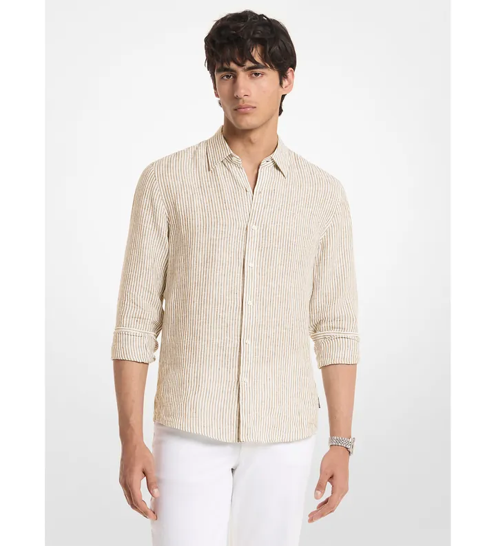 Michael Kors para hombre. CS64005GXE Camisa de lino beige (M), Casual, Manga larga