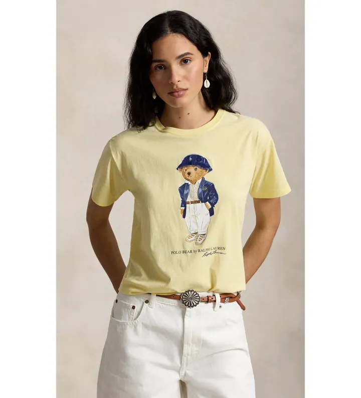Polo Ralph Lauren para mujer. 211B17792001 Camiseta de punto jersey con Polo Bear amarillo (M), Casual, Algodón, Manga corta