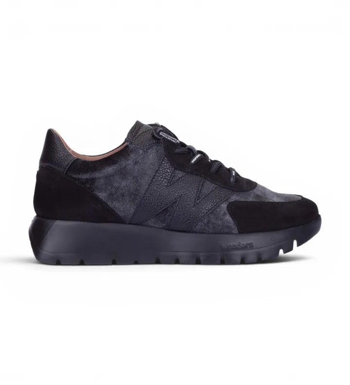 Wonders para mujer. A-24111 Zapatillas de Piel Odisei01 negro (36), Plano, 1 a 3cm, Serraje, Cordones, Casual