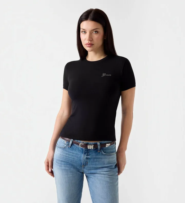 Guess para mujer. W6YI12K3751 Camiseta con logo de pedrería negro (L), Casual, Modal, Manga corta