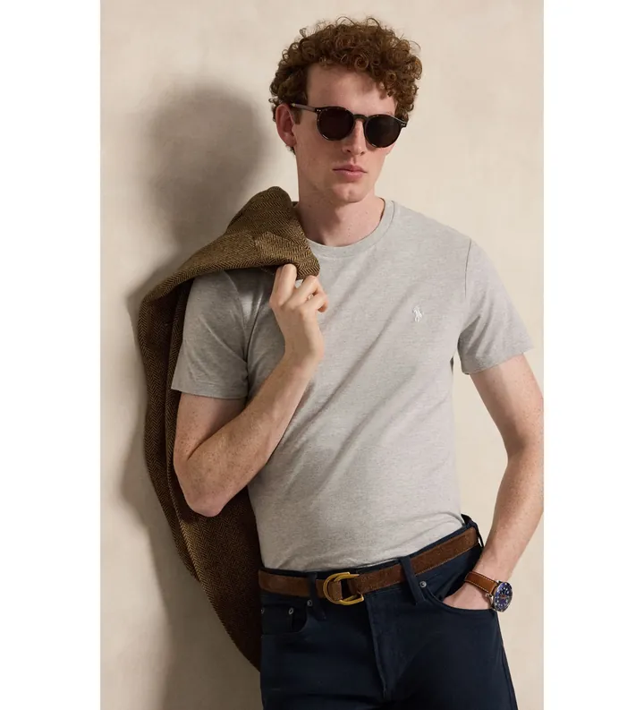Polo Ralph Lauren para hombre. 710671438534 Camiseta de punto Custom Slim Fit gris (L), Casual, Algodón, Manga corta