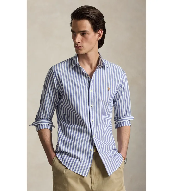 Polo Ralph Lauren para hombre. 710914027001 Camisa oxford de rayas Slim Fit azul (L), Casual, Algodón, Manga larga