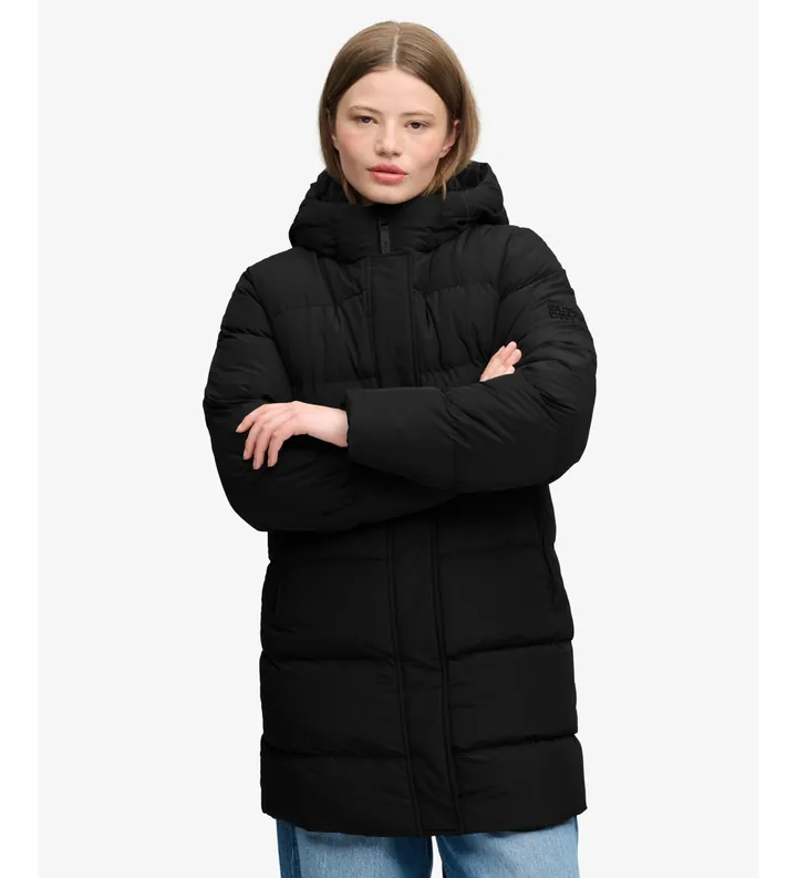 Superdry para mujer. W5012179A Chaqueta Acolchada Deportiva Media con Capucha negro (L), Casual, Poliéster