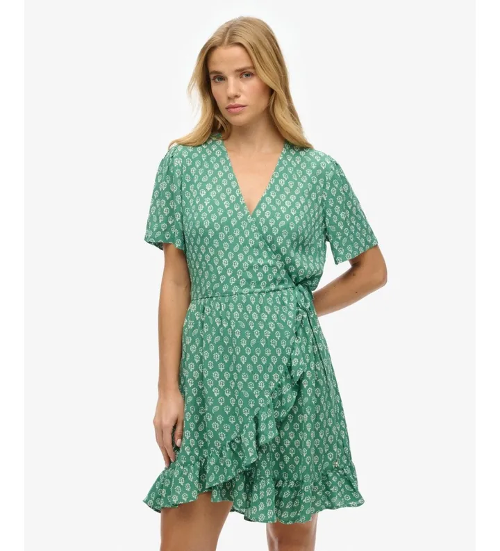 Superdry para mujer. W8011877A Vestido Wrap verde (L), Casual, Poliéster, Manga corta