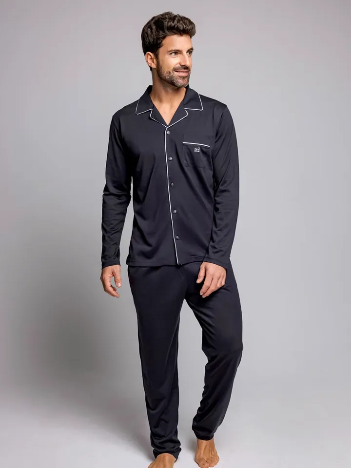 zd ZERO DEFECTS Pijama largo 'Marine 100% mercerized cotton' marino