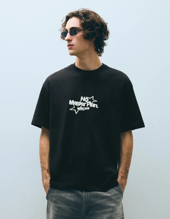 Bershka Camiseta Boxy Print Hombre L Negro
