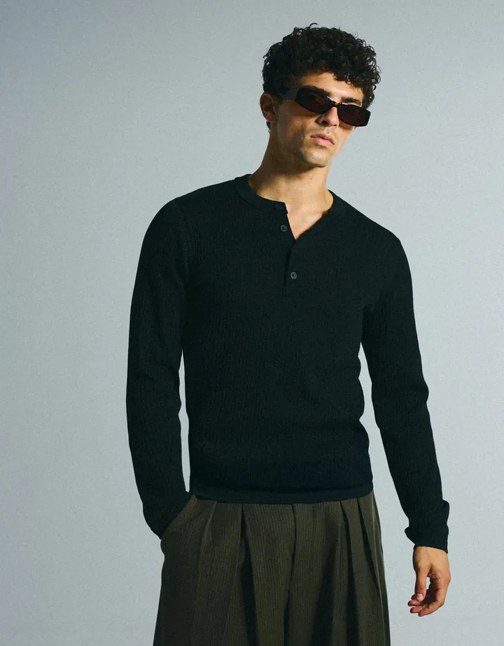 Bershka Jersey Punto Cuello Panadero Hombre L Negro
