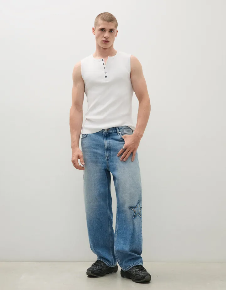 Bershka Jeans Baggy Parches Estrellas Hombre 32 Azul Lavado
