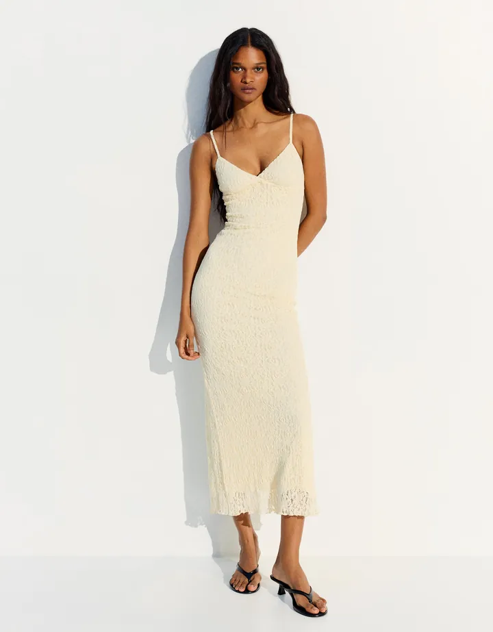 Bershka Vestido Midi Tirantes Encaje Mujer L Amarillo
