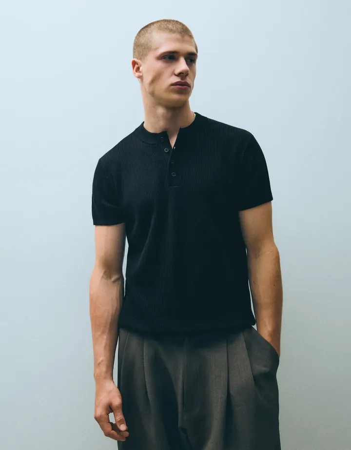 Bershka Camiseta Manga Corta Cuello Panadero Hombre L Negro