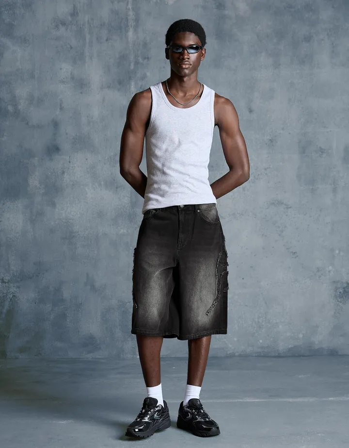 Bershka Bermuda Baggy Parche Hombre 32 Negro