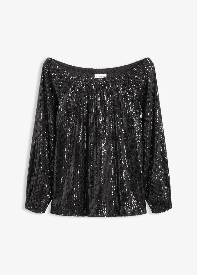 Camiseta holgada con escote bañera y lentejuelas