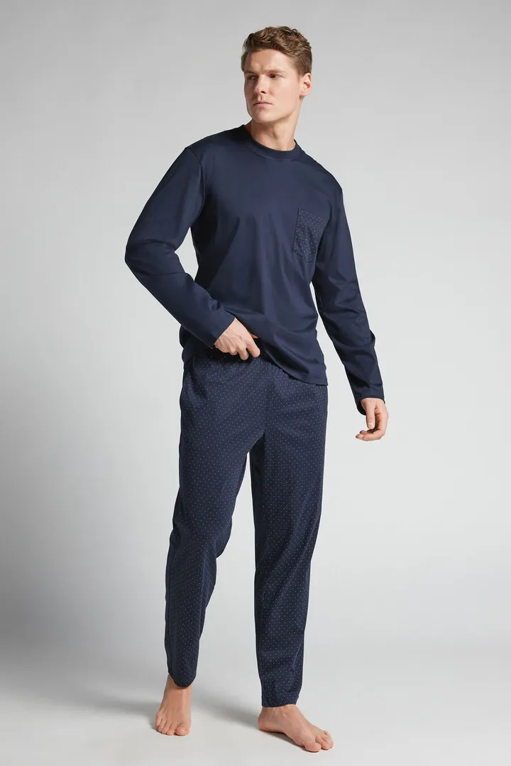 Intimissimi Pijama Largo de Algodón Premium Mercerizado Estampado Lunares Hombre Azul Tamaño L