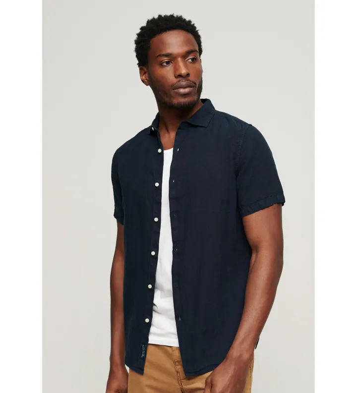 Superdry para hombre. M4010608A Camisa informal de lino Studios marino (M), Casual, Manga corta