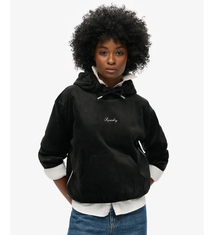 Superdry para mujer. W2012168A Sudadera con capucha de velvetón de corte holgado Country Club negro (XL), Casual, Poliéster
