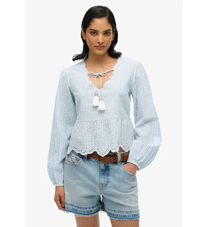 Superdry para mujer. W6012100A Blusa Broderie azul (M), Casual, Algodón, Manga larga