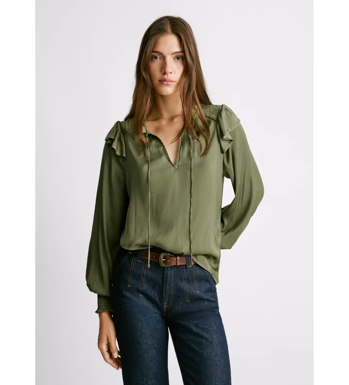 Pepe Jeans para mujer. PL3051286 Blusa Miriam verde (L), Casual, Poliéster, Manga larga