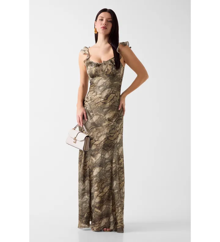 Guess para mujer. W6YK29W2939 Vestido Largo estampado marrón (M), Casual, Fiesta, Animal print, Poliéster, Sin mangas / Tirantes