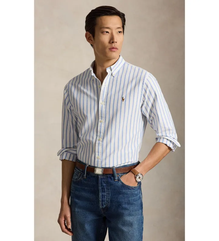 Polo Ralph Lauren para hombre. 710944615001 Camisa oxford con rayas Slim Fit azul claro (L), Casual, Algodón, Manga larga