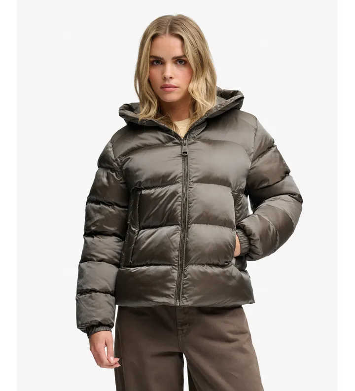 Superdry para mujer. W5012187A Chaqueta Acolchada Brillante con Capucha verde (L), Casual, Poliéster