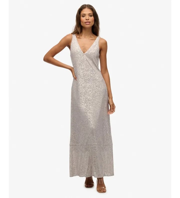 Superdry para mujer. W8011995A Vestido Sequin plateado (L), Plata, Fiesta, Poliéster, Sin mangas / Tirantes