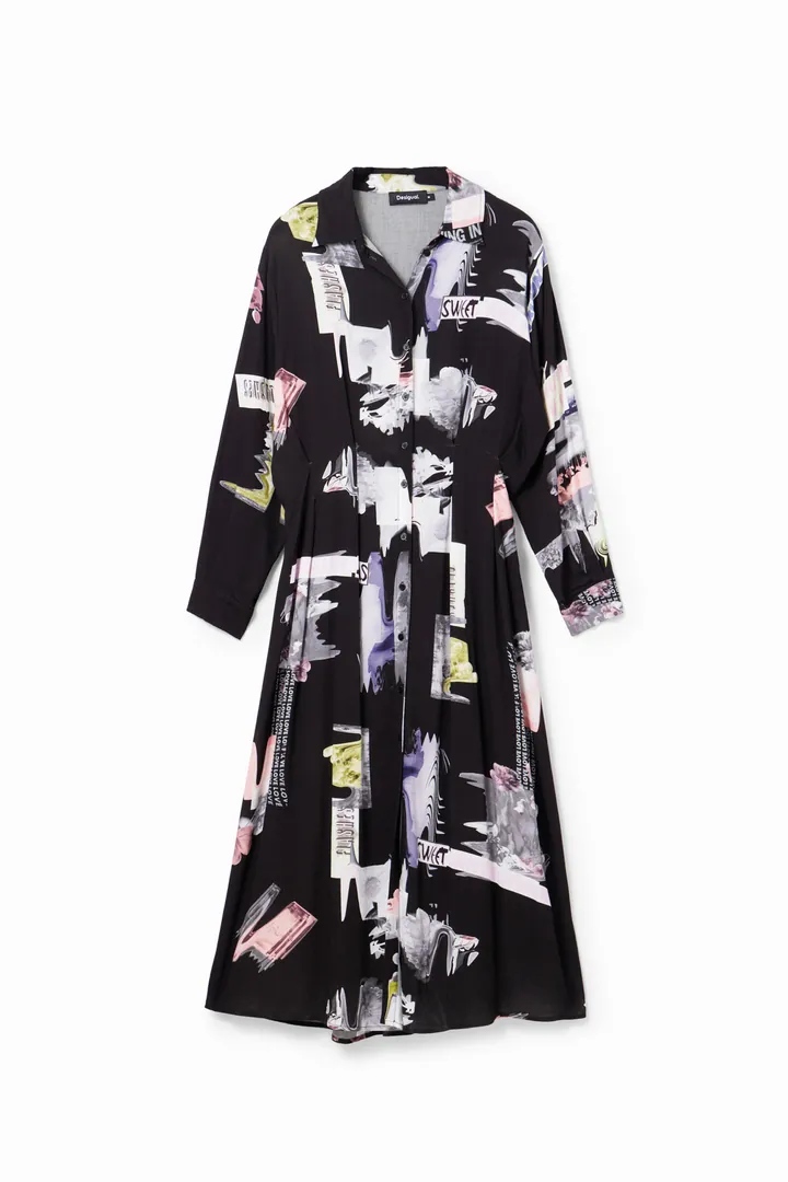 Desigual, Vestido midi camisero, Viscosa, Negro, L