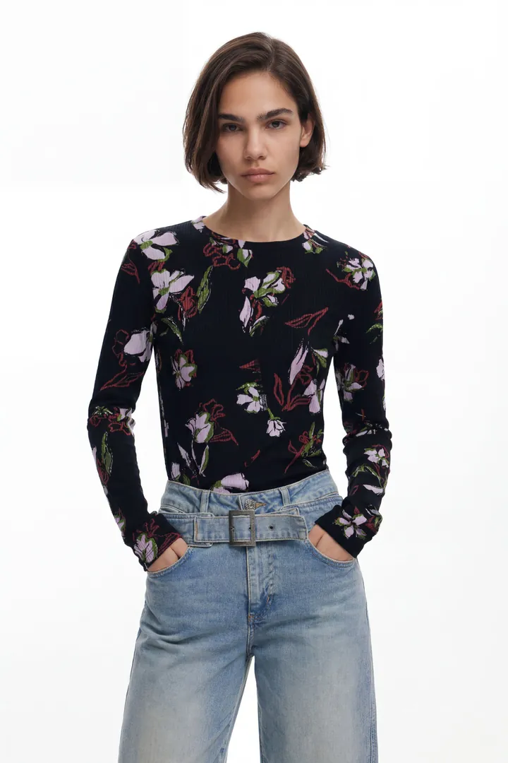 Desigual, Camiseta flores, Viscosa, Negro, L