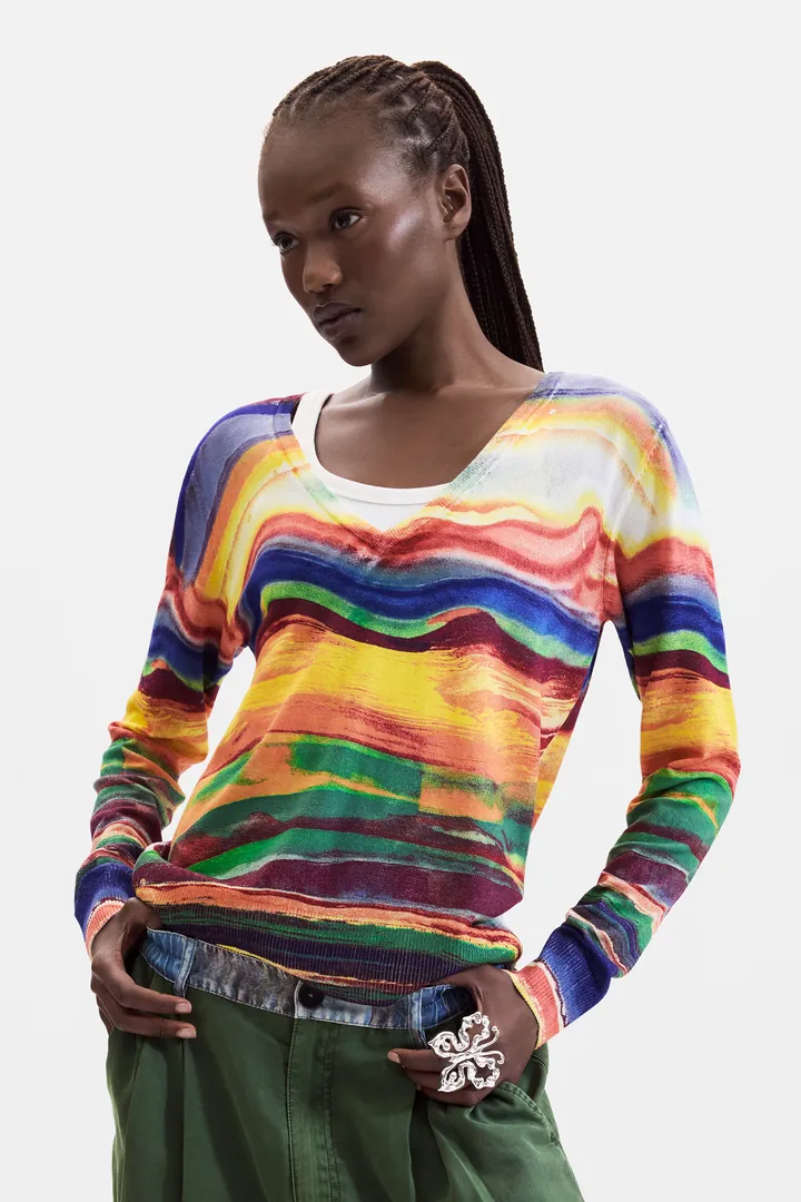 Desigual, Jersey Punto fino Estampado, Mujer, Amarillo, L