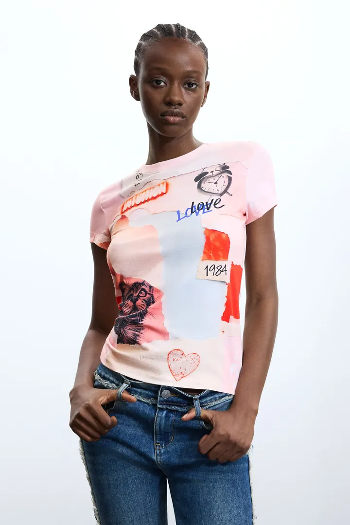 Desigual, Camiseta Estampada 100% Algodón, Mujer, Algodon, Rojo, L