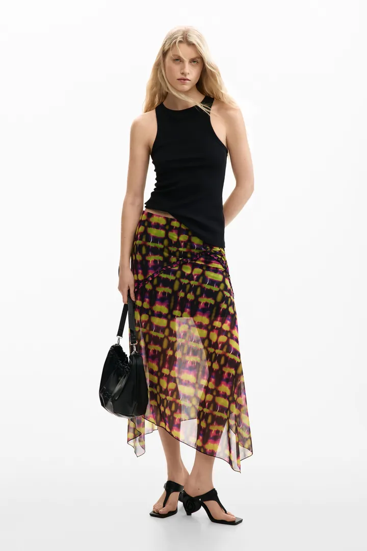 Desigual, Falda asimétrica estampada, Mujer, Poliester, Verde, L