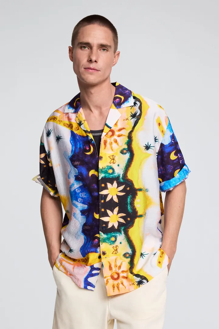 Desigual, Camisa estampada cosmos, Hombre, Algodon, Blanco, L