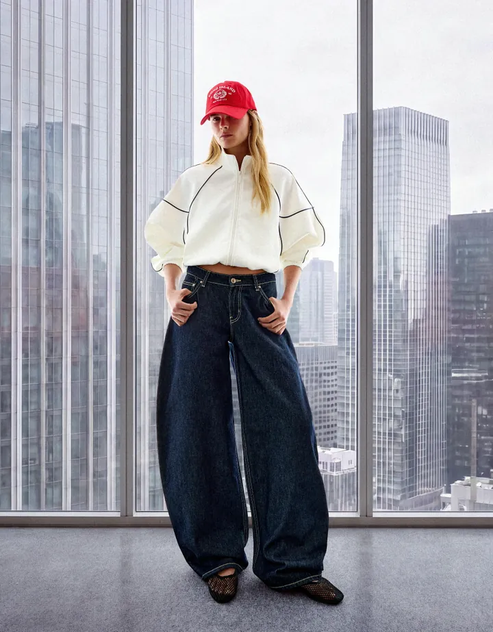 Bershka Jeans Barrel Tiro Alto Mujer 32 Marino