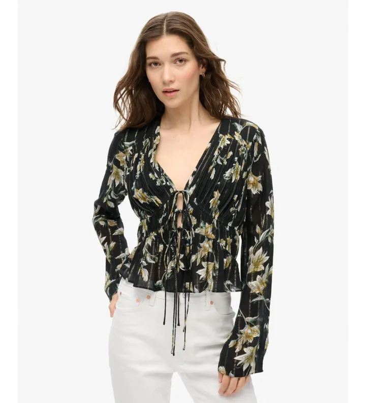 Superdry para mujer. W6011969A Blusa 70S floral negro (M), Casual, Viscosa, Manga corta