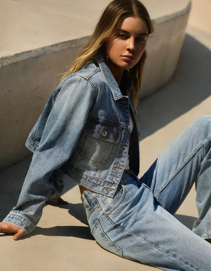 Bershka Cazadora Denim Cropped Brillo Mujer L Azul Lavado