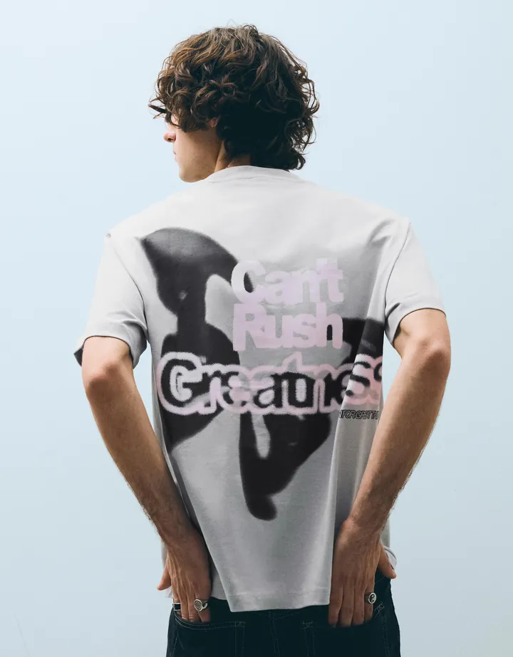 Bershka Camiseta Boxy Print Hombre L Gris