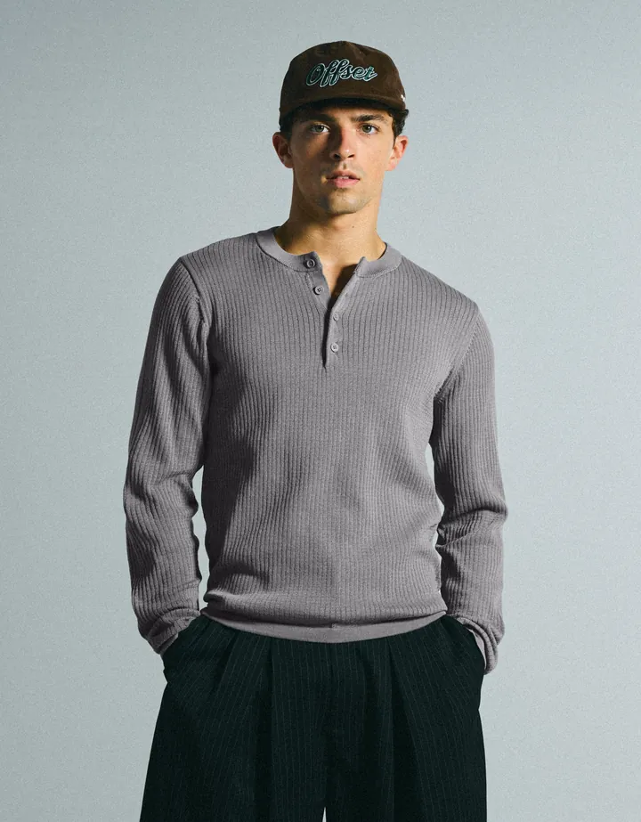 Bershka Jersey Punto Cuello Panadero Hombre L Gris