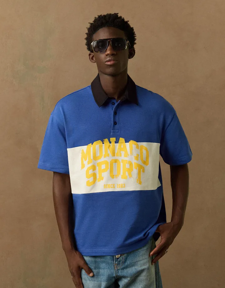Bershka Polo Manga Corta Print Hombre L Azul