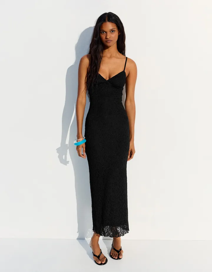 Bershka Vestido Midi Tirantes Encaje Mujer L Negro