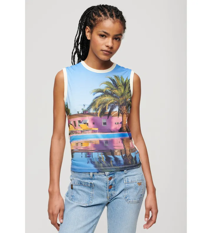 Superdry para mujer. W6011959A Camiseta de tirantes con subestampado blanco (L), Casual, Algodón, Sin mangas / Tirantes