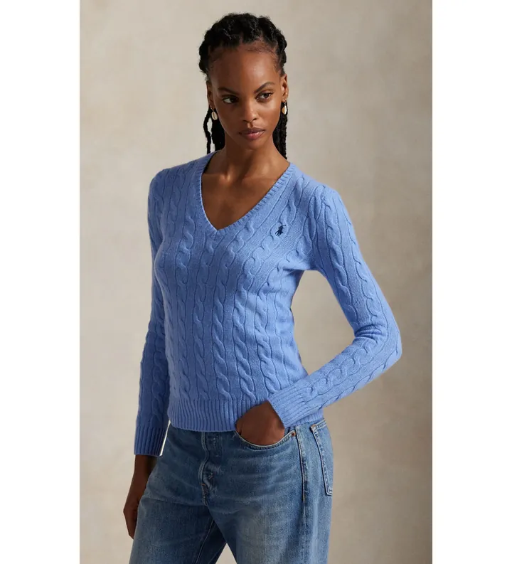 Polo Ralph Lauren para mujer. 211971866004 Jersey de cachemira y lana azul (L), Casual, Manga larga