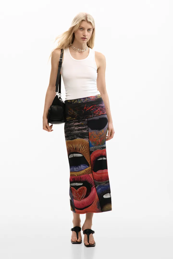 Desigual, Falda punto estampada, Mujer, Viscosa, Negro, L