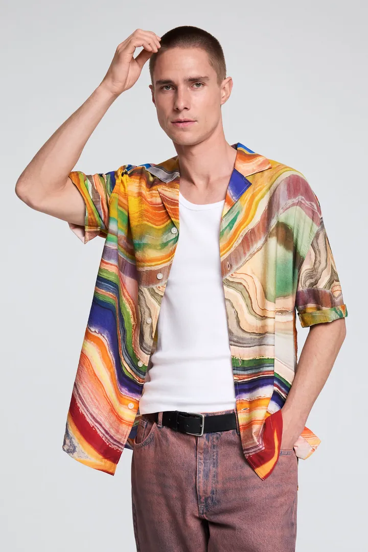 Desigual, Camisa estampado abstracto, Hombre, MarróN, L