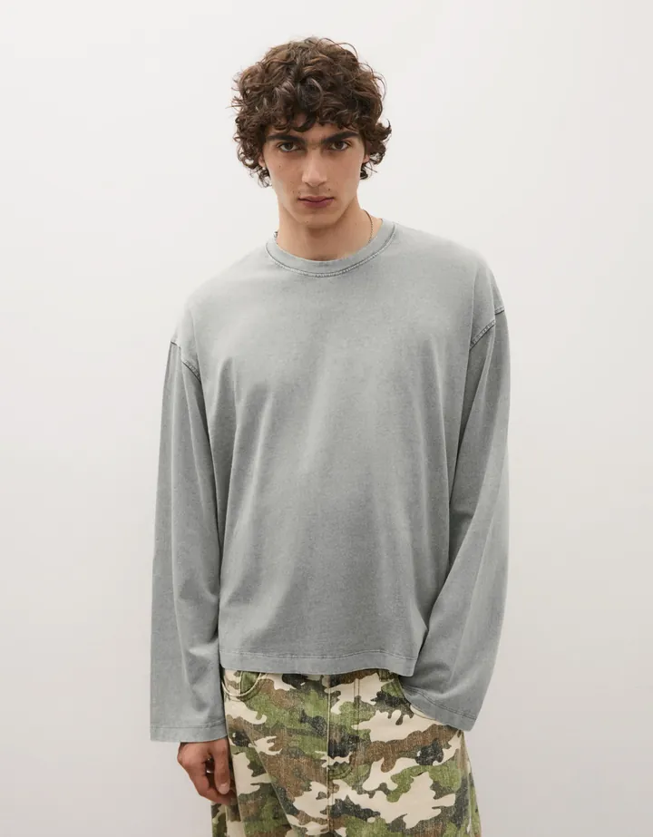 Bershka Camiseta Manga Larga Boxy Hombre L Gris