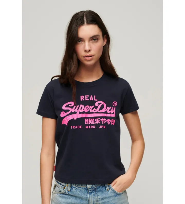 Superdry para mujer. W1011410A Camiseta gráfica neón de corte ajustado negro (L), Casual, Algodón, Manga corta