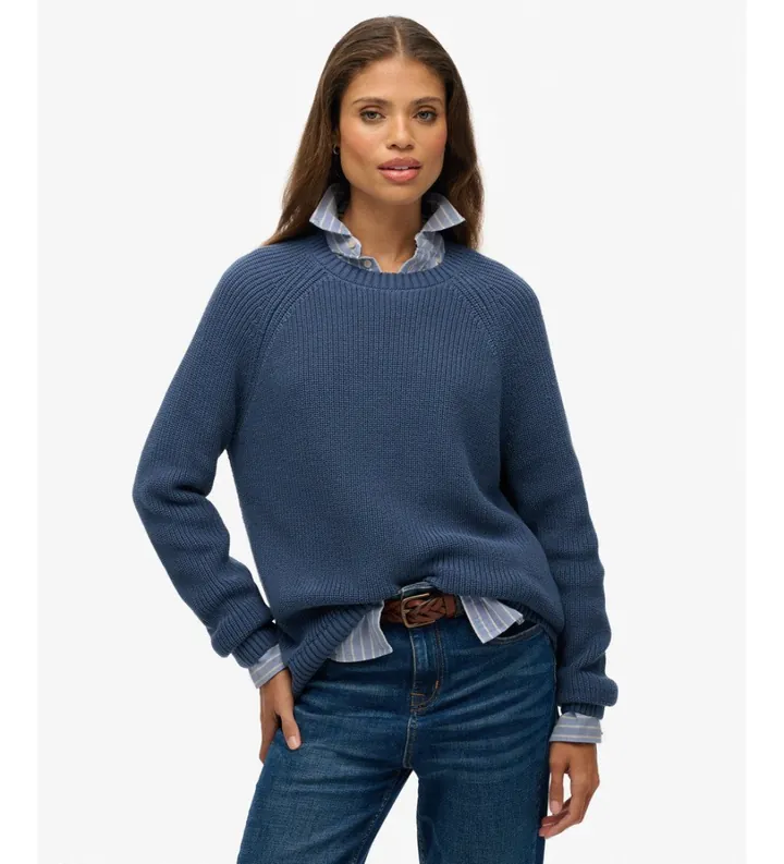 Superdry para mujer. W6110672A Jersey Relaxed Ribbed Knitted azul (L), Casual, Algodón