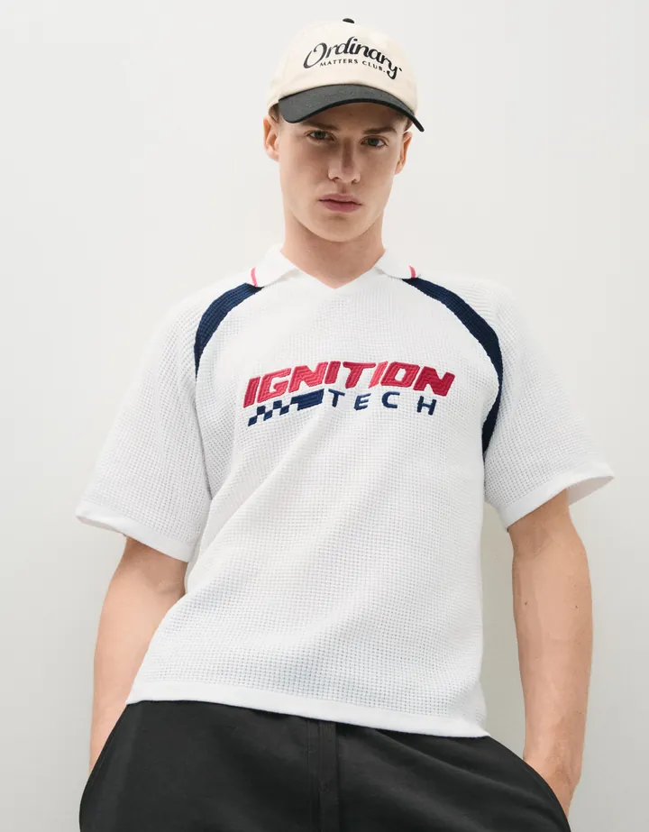 Bershka Polo Retrosport Print Hombre L Blanco