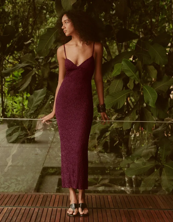 Bershka Vestido Midi Tirantes Encaje Mujer L Burdeos