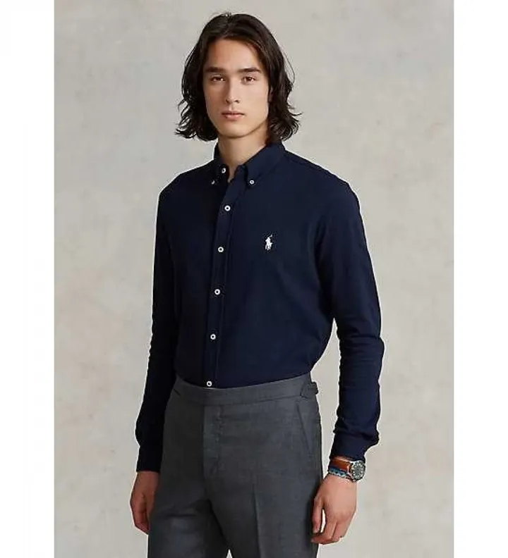 Polo Ralph Lauren para hombre. 710654408016 Camisa de piqué ultraligera marino (S), Azul, Casual, Algodón, Clásico, Manga larga